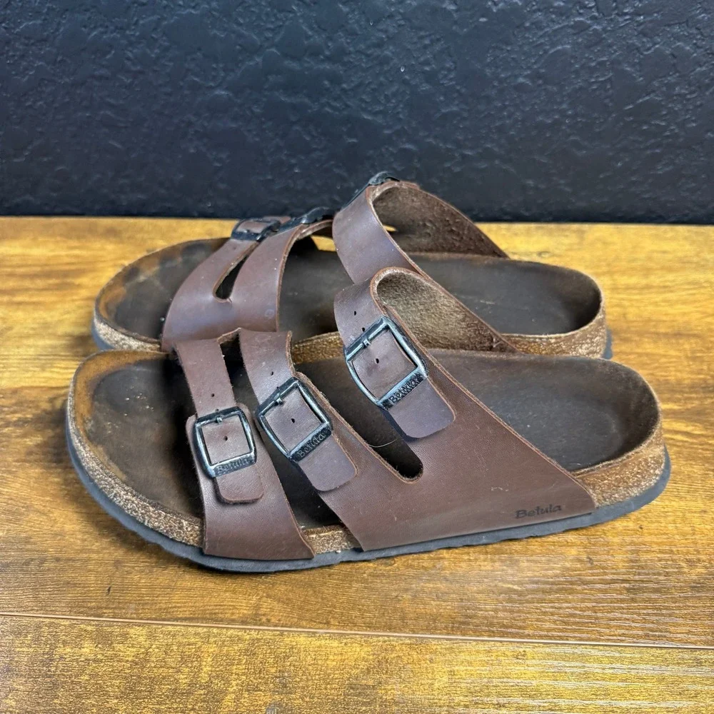 Betula by Birkenstock Luca Brown Synthetic Leather Triple Strap Sandals 40